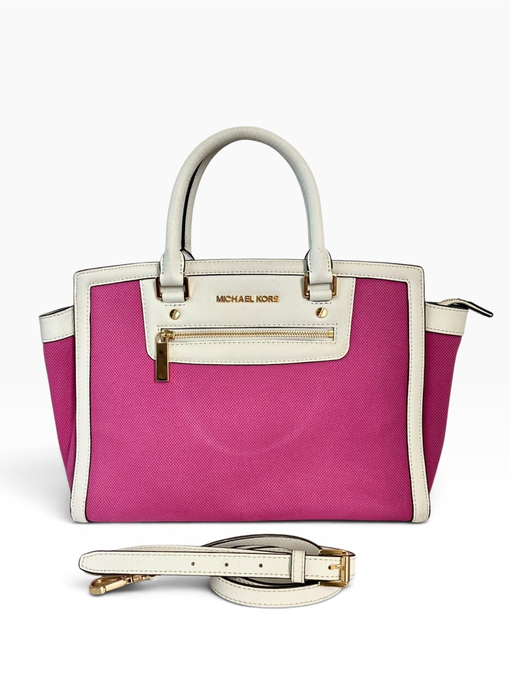Michael Kors Pink White Saffiano Leather Large Tote Satchel Bag Gold Hardware
